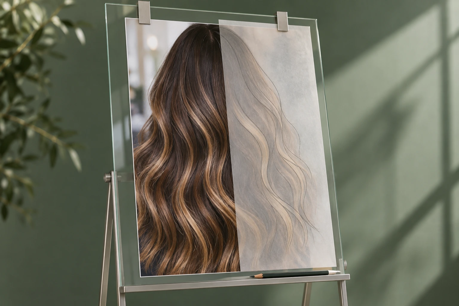 Balayage color reference with a tracing overlay showing highlight placement