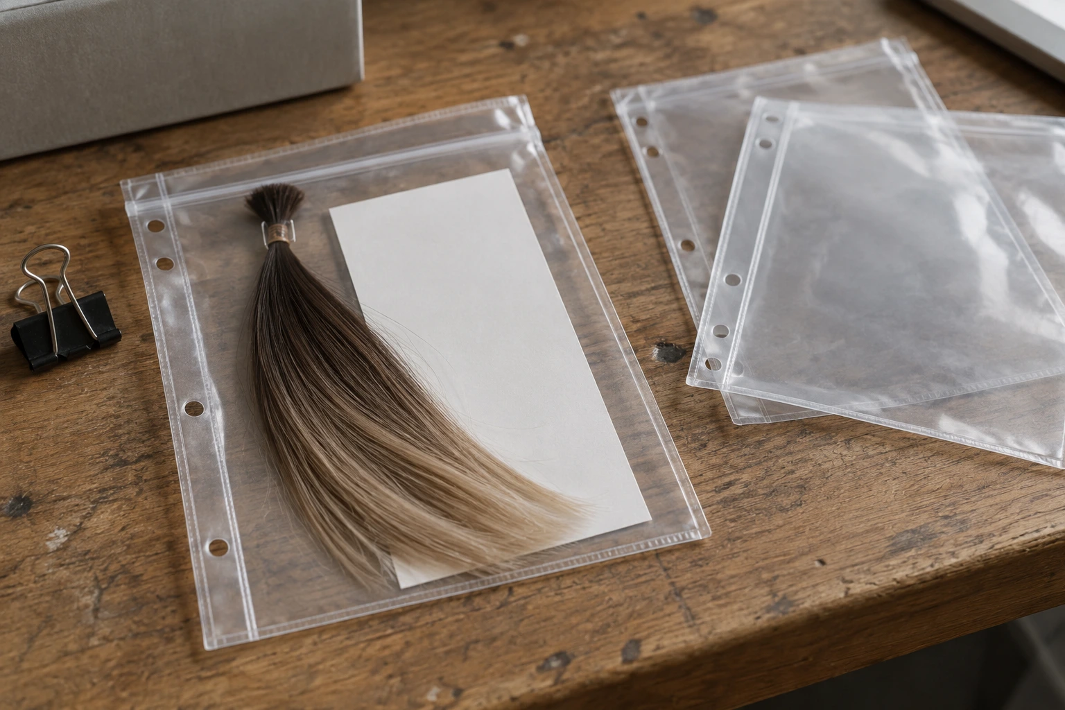A hair tress in an archive sleeve illustrating sample record keeping