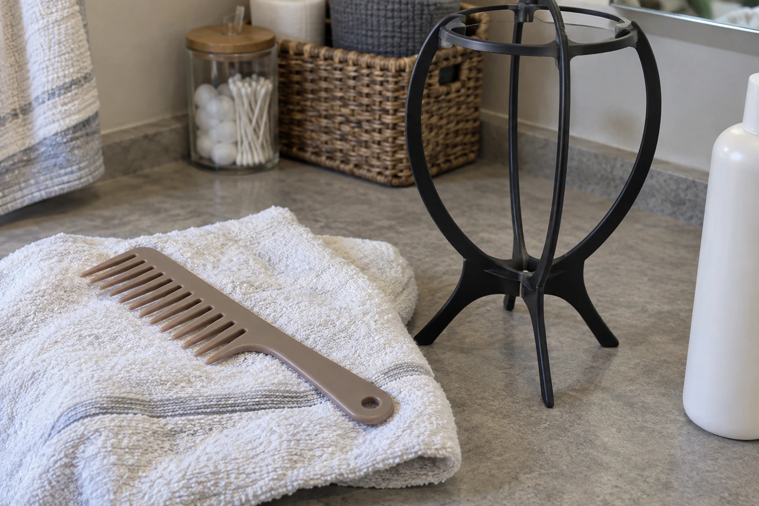 A comb, towel and empty stand illustrating wig-care preparation
