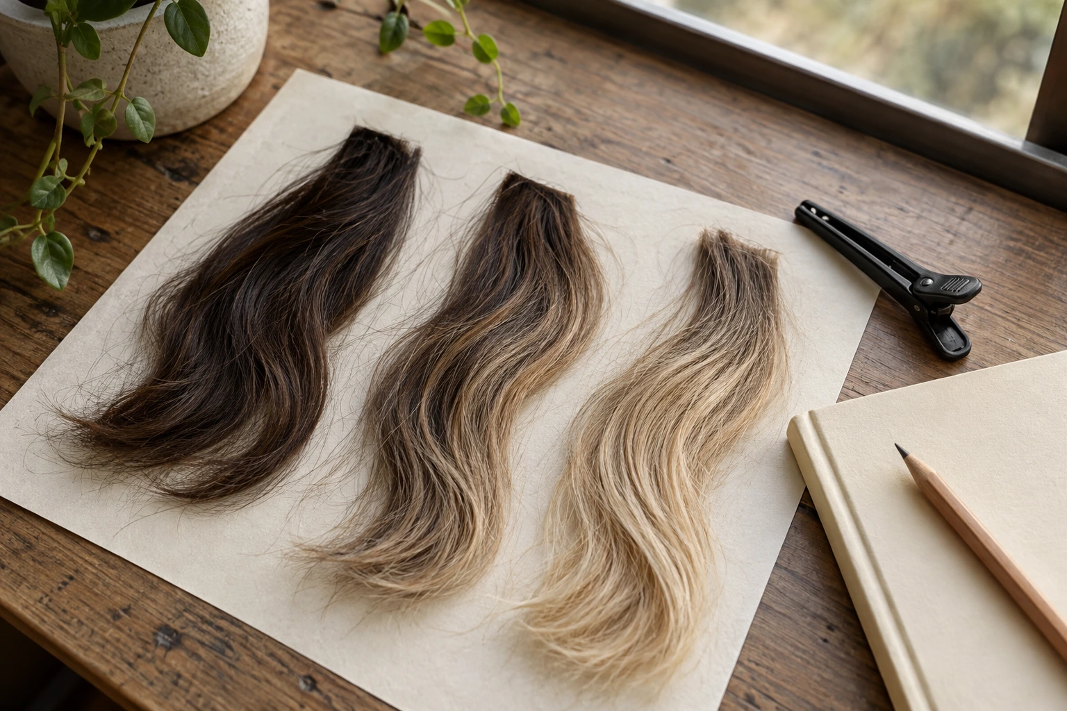Brown and blonde hair swatches for a balayage wig color consultation