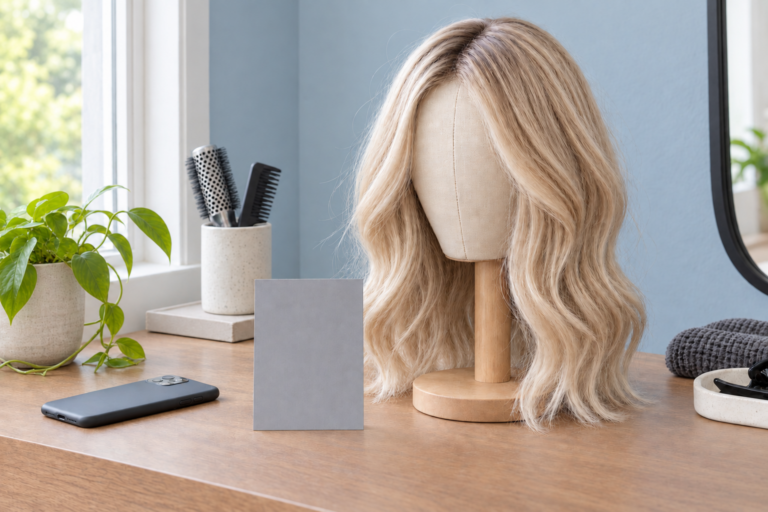Ash blonde wig beside a gray card in consistent window light