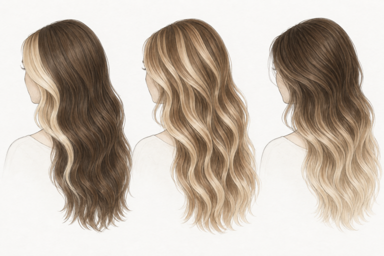 Three hair color layouts with face-framing highlights, surface ribbons and lighter ends