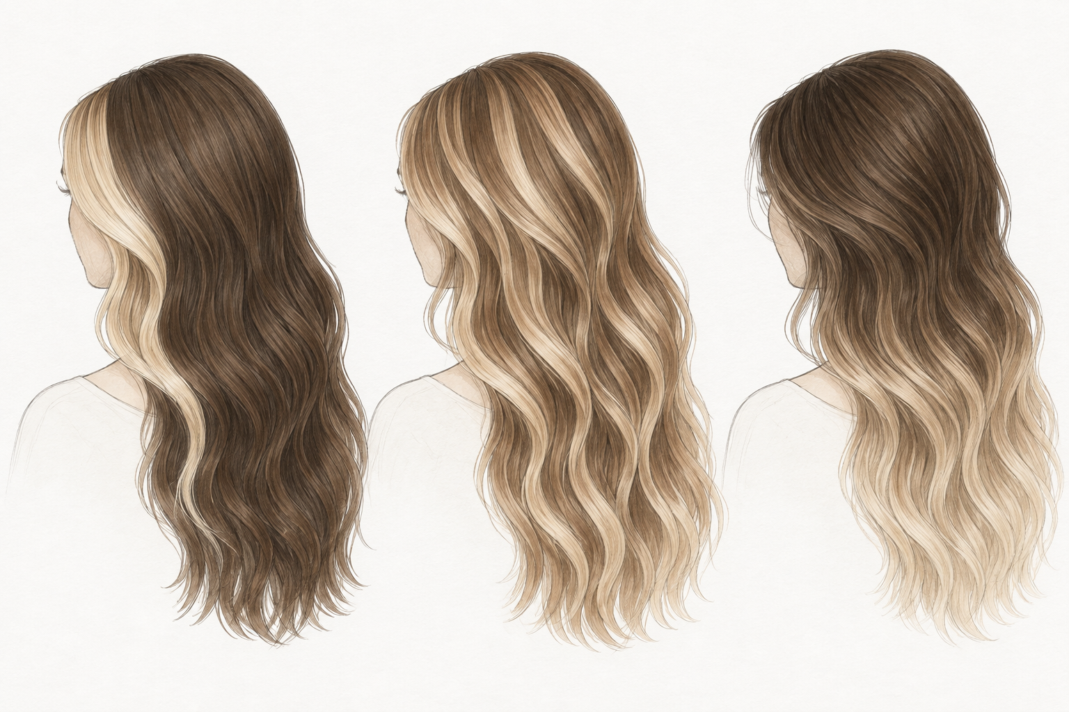 Three hair color layouts with face-framing highlights, surface ribbons and lighter ends