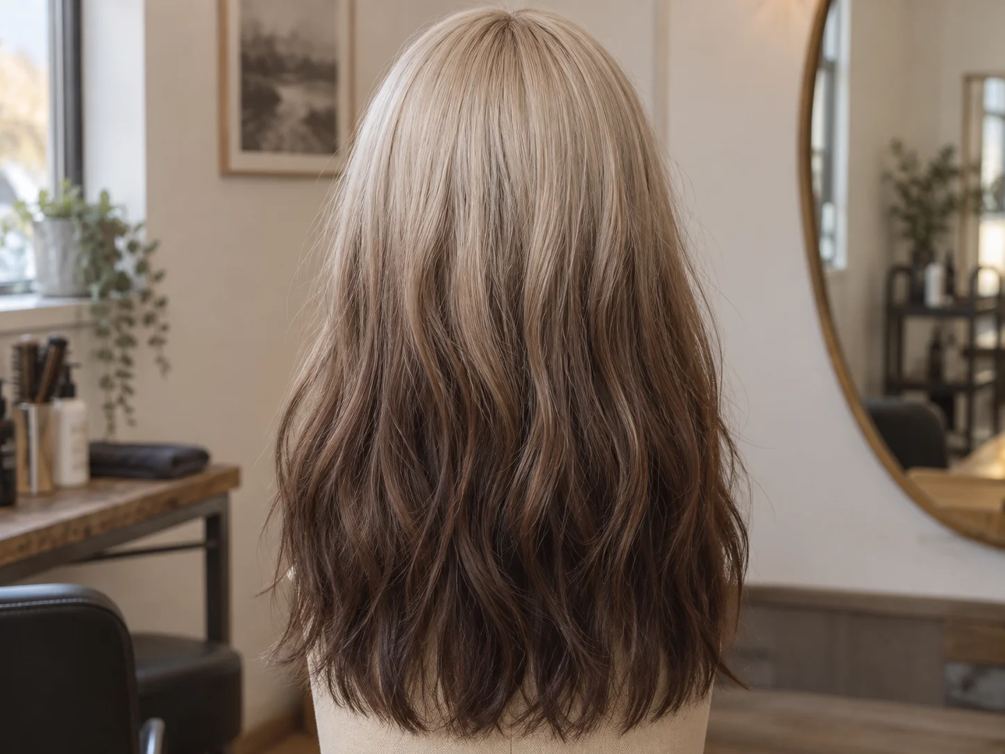 Lighter roots and crown over darker lengths, a custom wig colour placement example