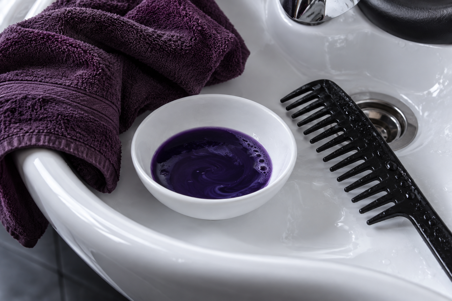 Violet shampoo in a white dish beside a wide-tooth comb and a plum towel