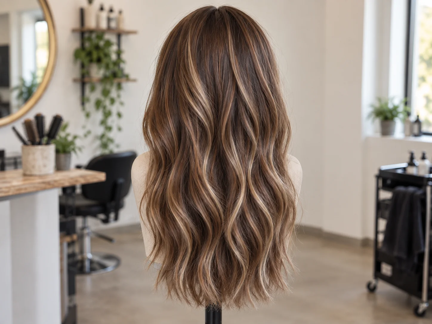Neutral brunette and beige tones with champagne highlights on an upright wig color example