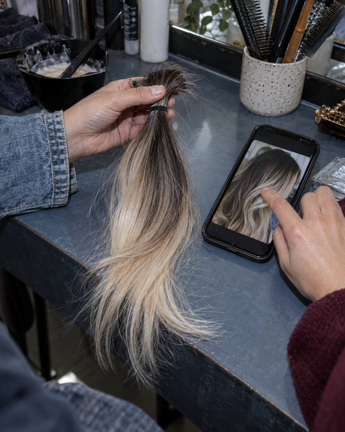 Hair swatch and blonde reference for a balayage wig color conversation