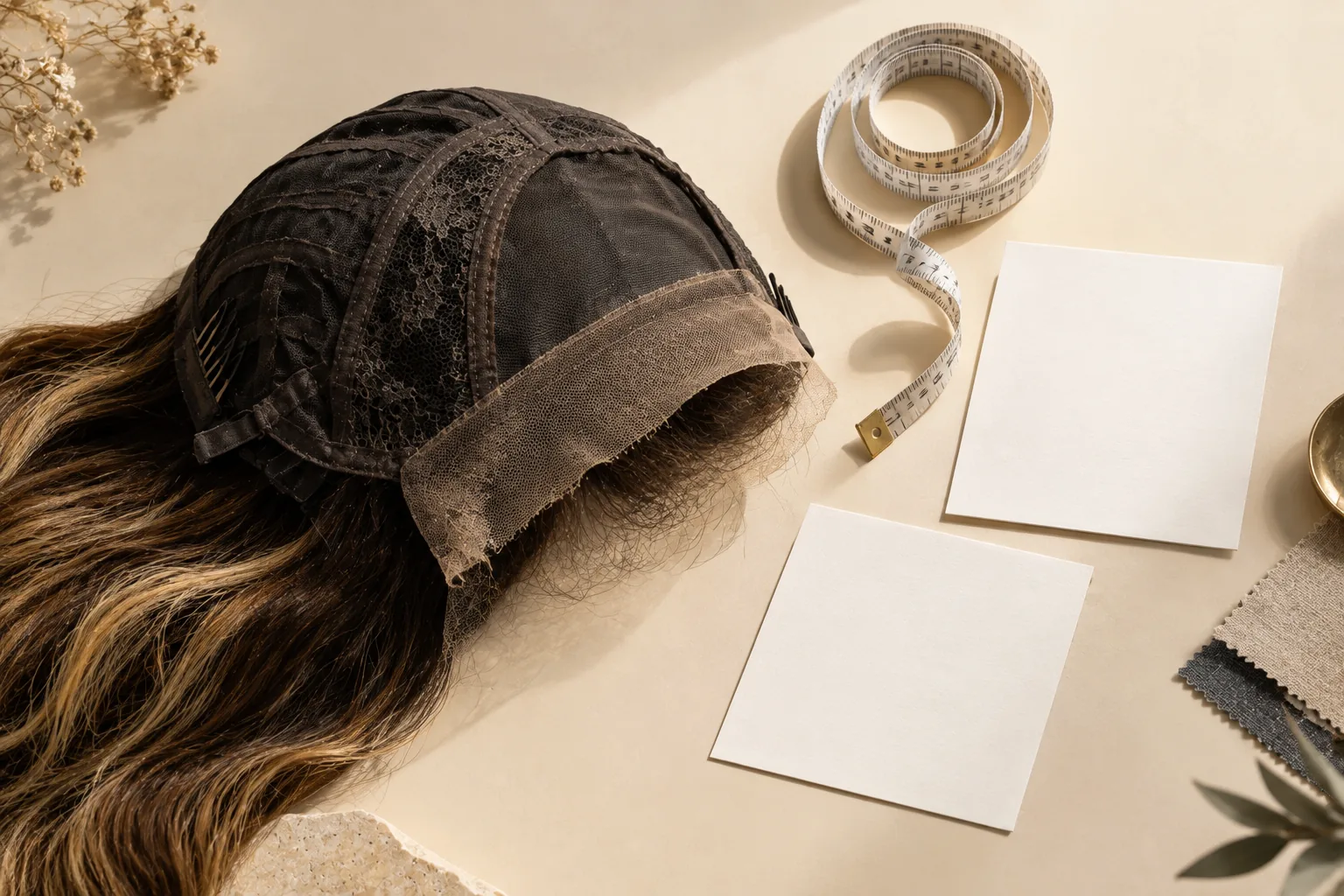 Wig cap and measuring tape beside blank supplier cards for checking a cap size chart.