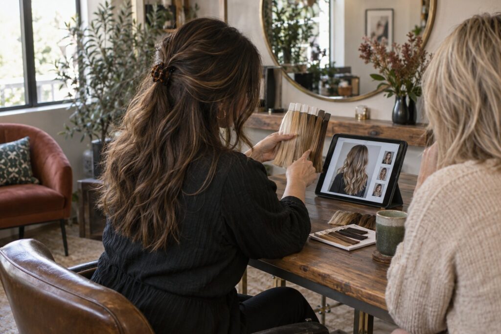Salon color consultation using blonde balayage wig references