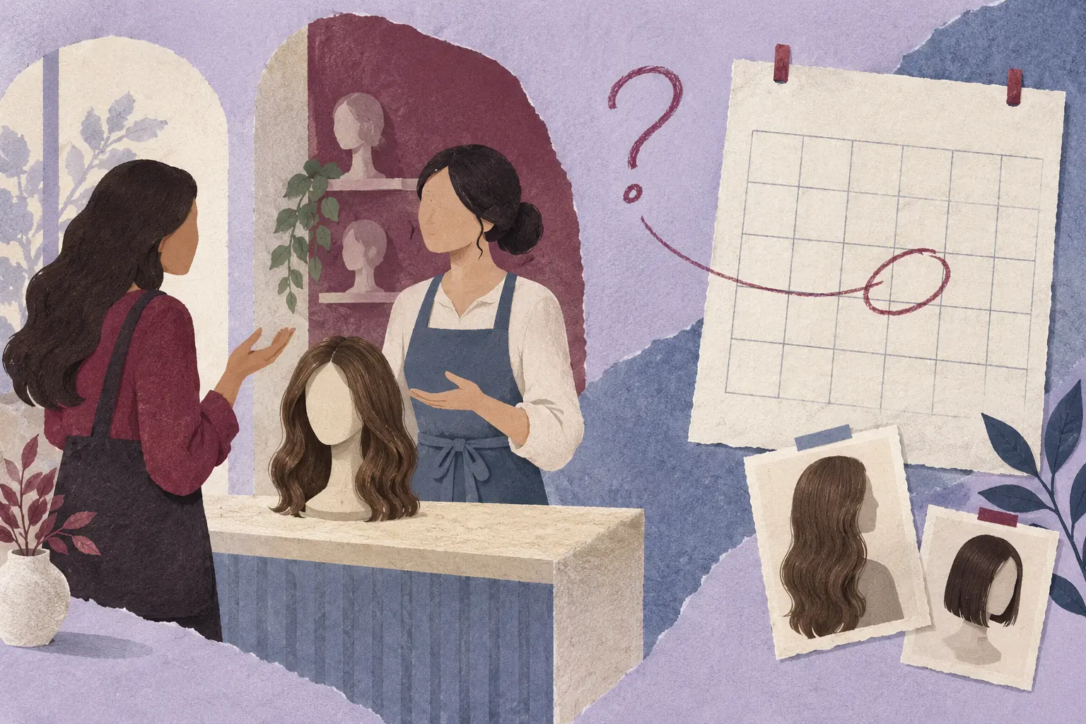 Wig agent discussing a customer's delivery deadline beside a display wig and calendar