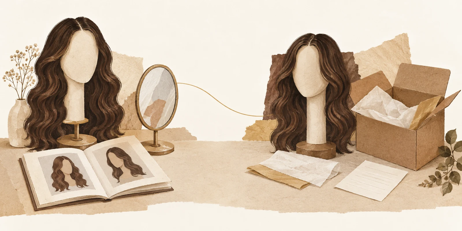 Illustration of a reseller wig display and order preparation