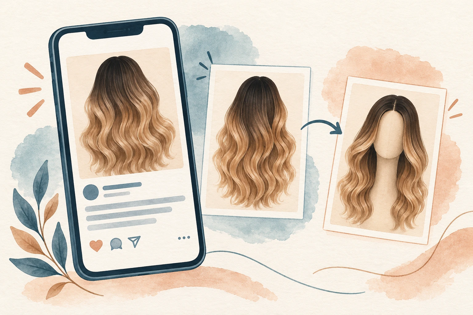Illustration of a wig photo on a phone beside product reference cards