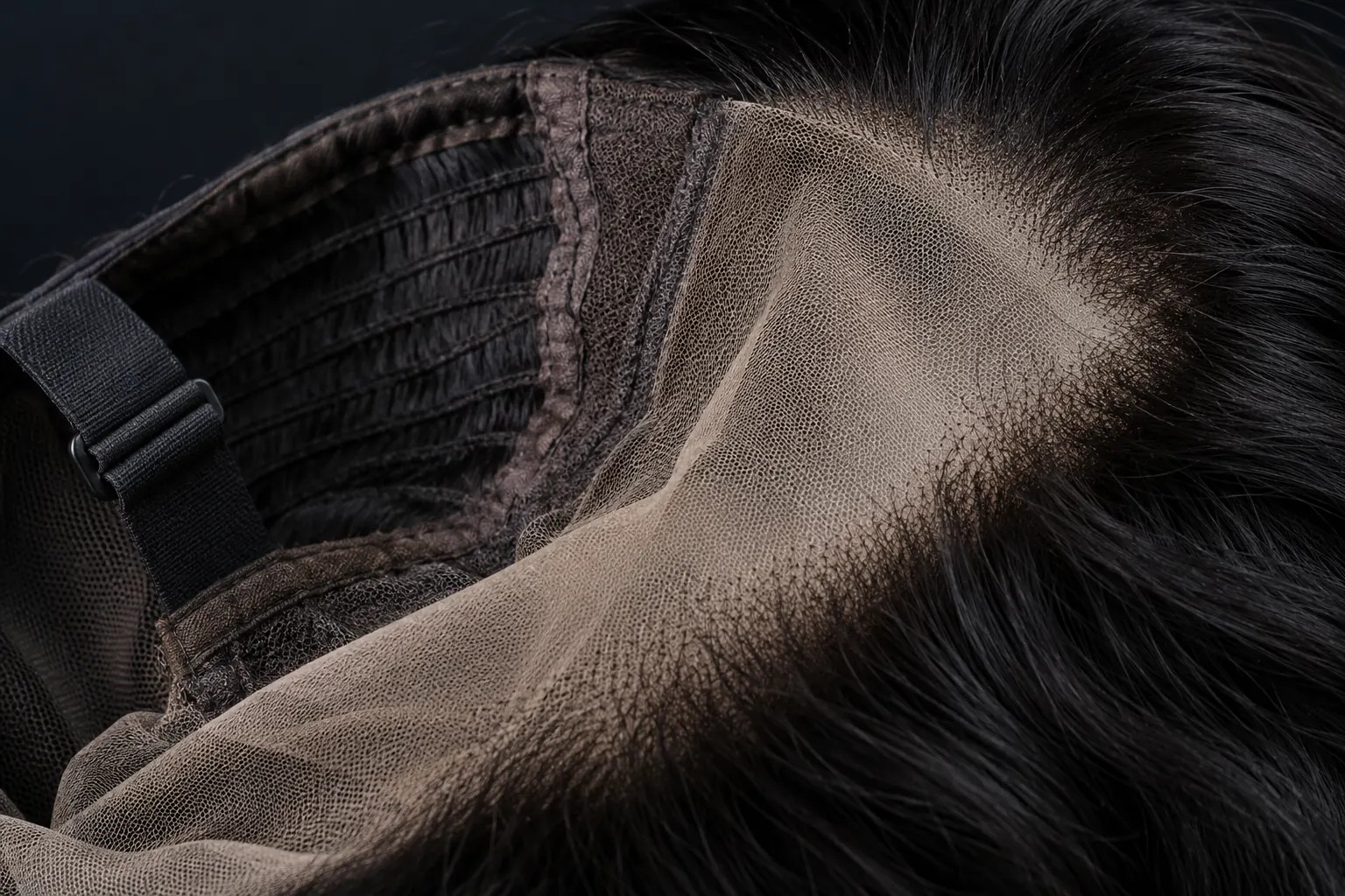 Close view of wig lace, cap stitching, adjustment strap and black hair