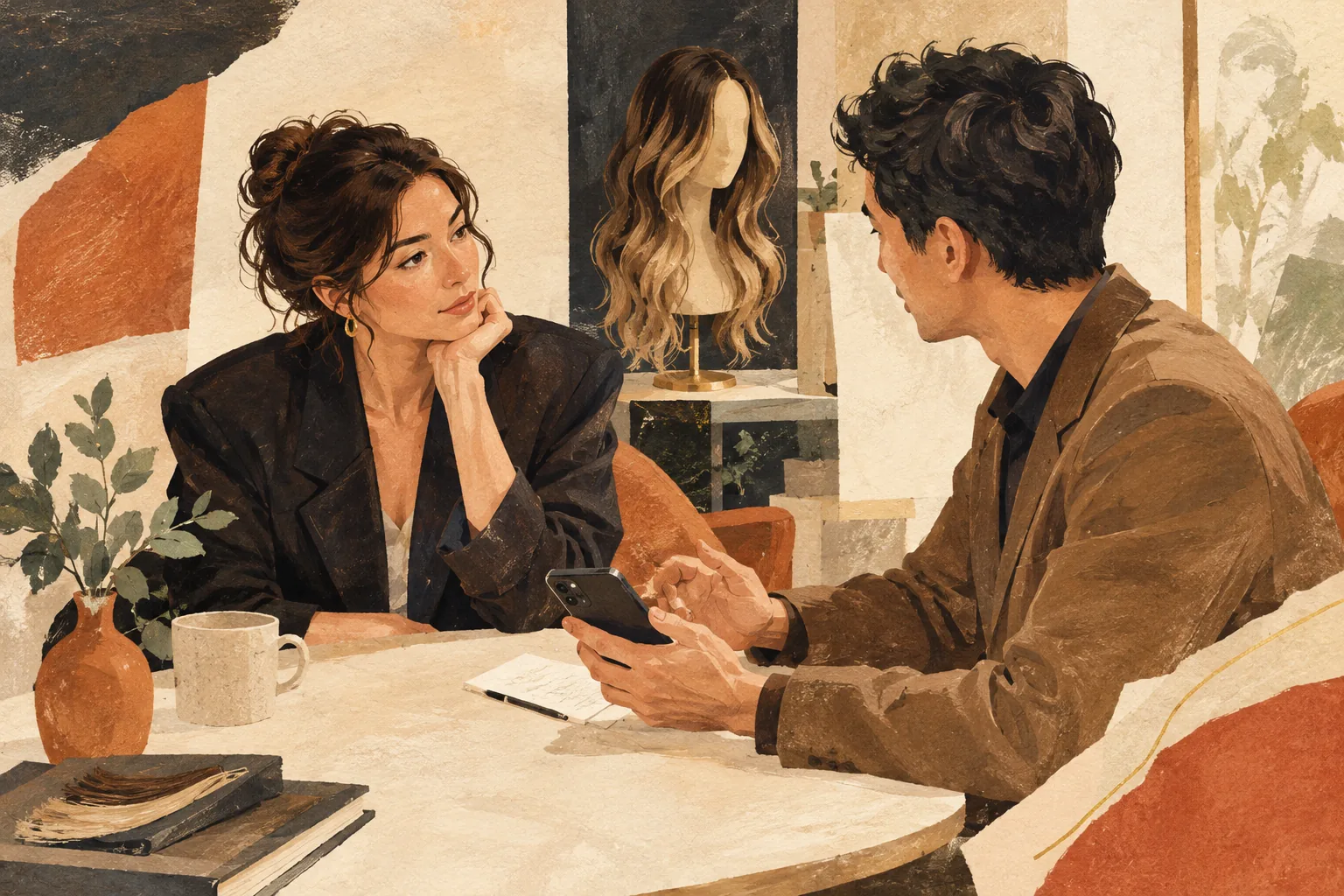 Illustration of two people discussing a wig agent partnership beside a balayage wig.