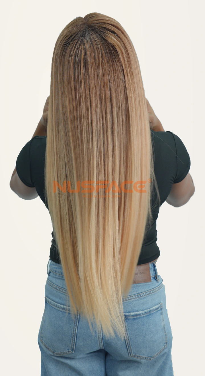 Amber Freesia, Warm apricot blonde, straight hand-painted balayage wig by NUSFACE, back view and hair ends