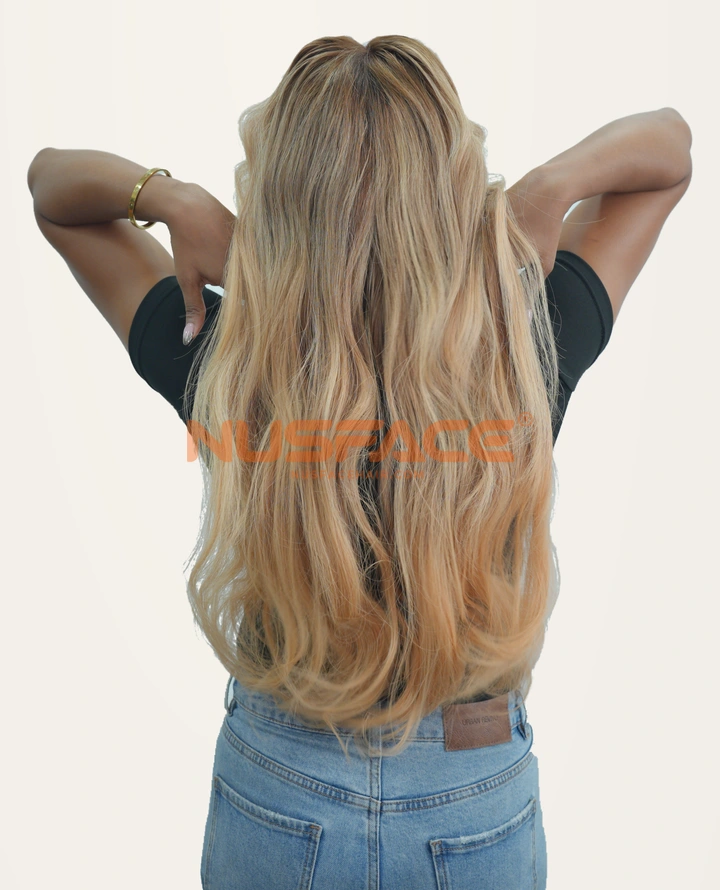 Apricot Dahlia, Warm apricot, wavy hand-painted balayage wig by NUSFACE, back view and hair ends
