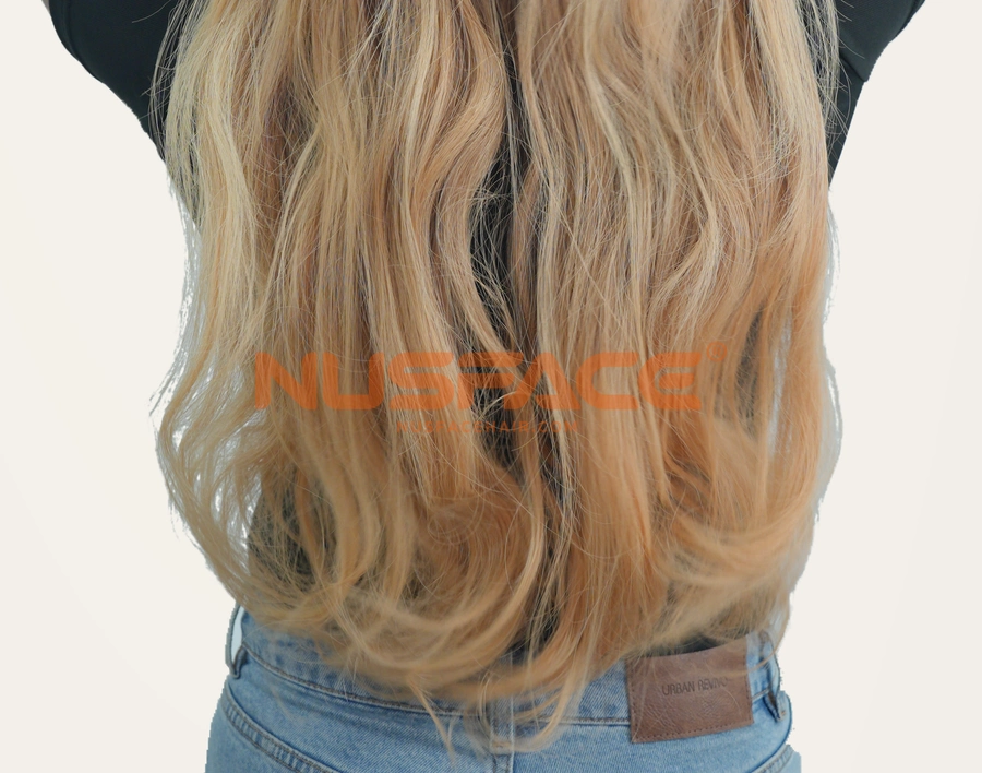 Apricot Dahlia, Warm apricot, wavy hand-painted balayage wig colour transition through the hair ends
