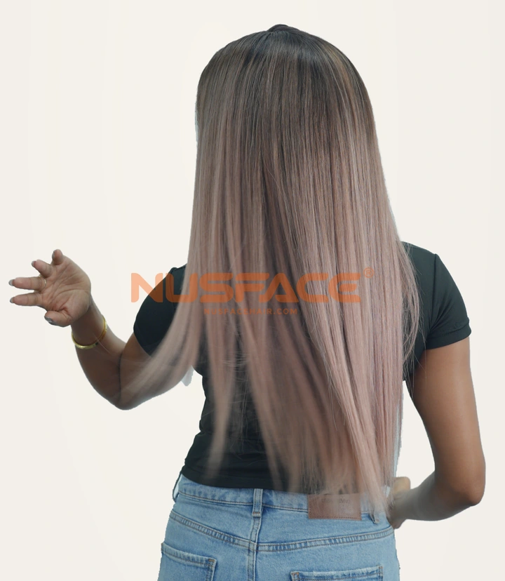 Blush Rose, Rose beige, straight hand-painted balayage wig by NUSFACE, back view and hair ends