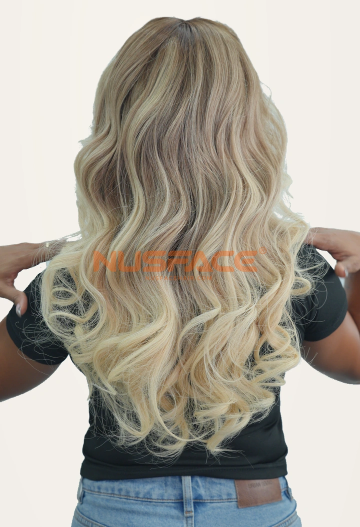 Champagne Peony, Champagne blonde, wavy hand-painted balayage wig by NUSFACE, back view and hair ends