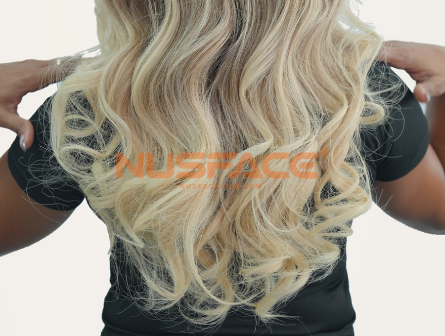 Champagne Peony, Champagne blonde, wavy hand-painted balayage wig colour transition through the hair ends