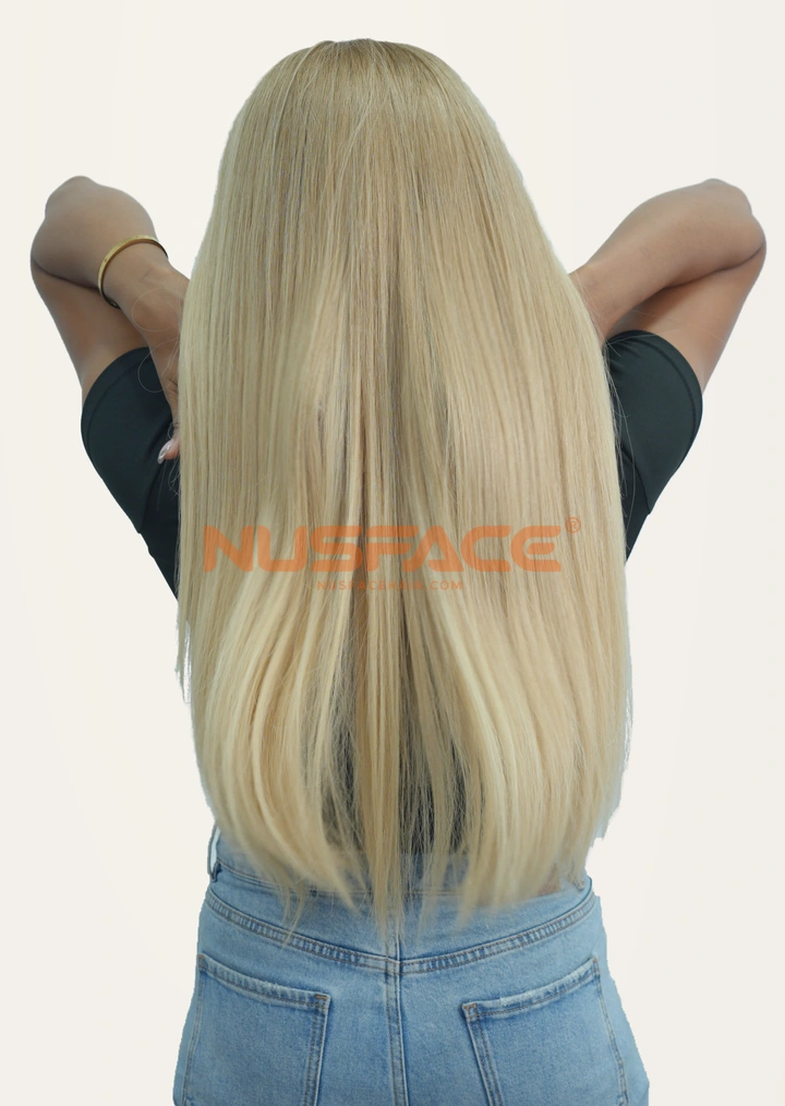 Golden Mimosa, Golden blonde, straight hand-painted balayage wig by NUSFACE, back view and hair ends