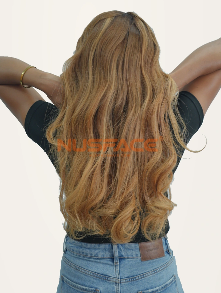 Honey Calendula, Honey blonde, wavy hand-painted balayage wig by NUSFACE, back view and hair ends