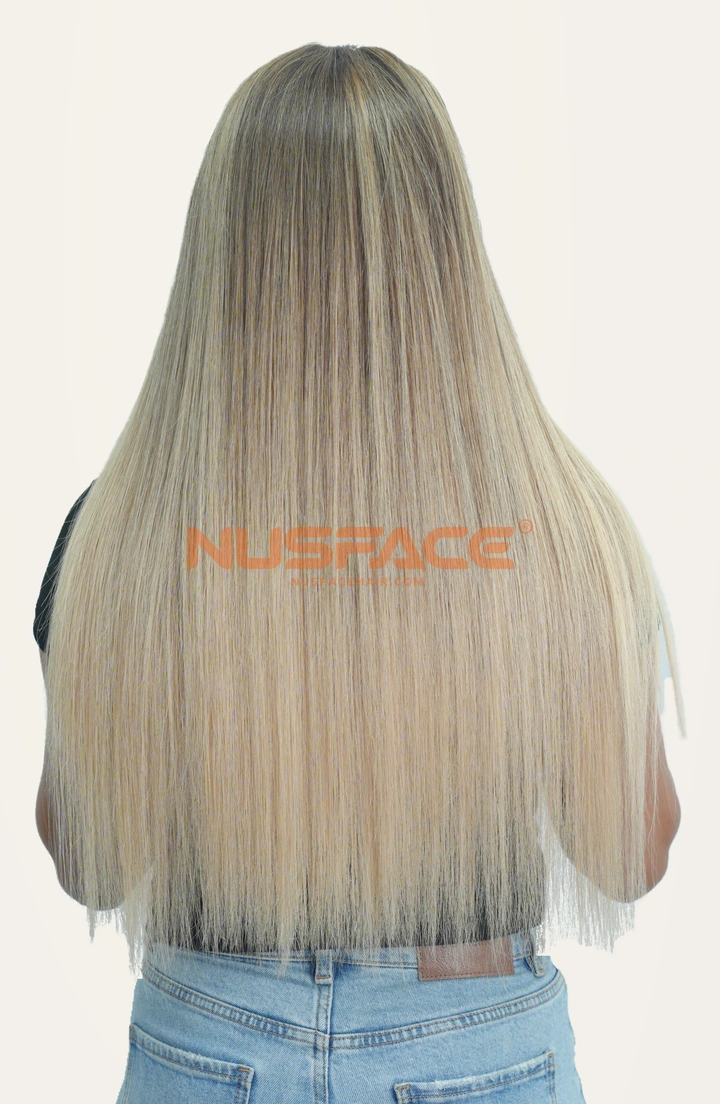 Ivory Magnolia, Light golden blonde, straight hand-painted balayage wig by NUSFACE, back view and hair ends