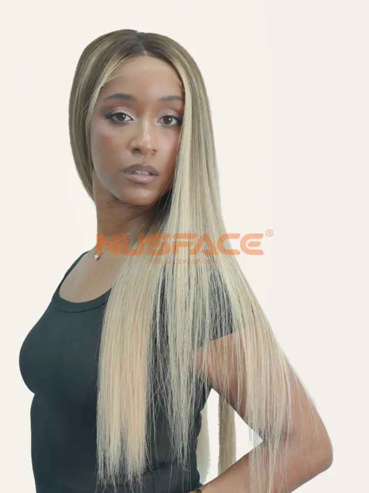 Ivory Magnolia, Light golden blonde, straight hand-painted balayage wig by NUSFACE, selected portrait