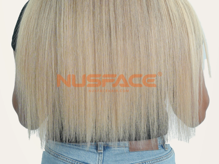 Ivory Magnolia, Light golden blonde, straight hand-painted balayage wig colour transition through the hair ends