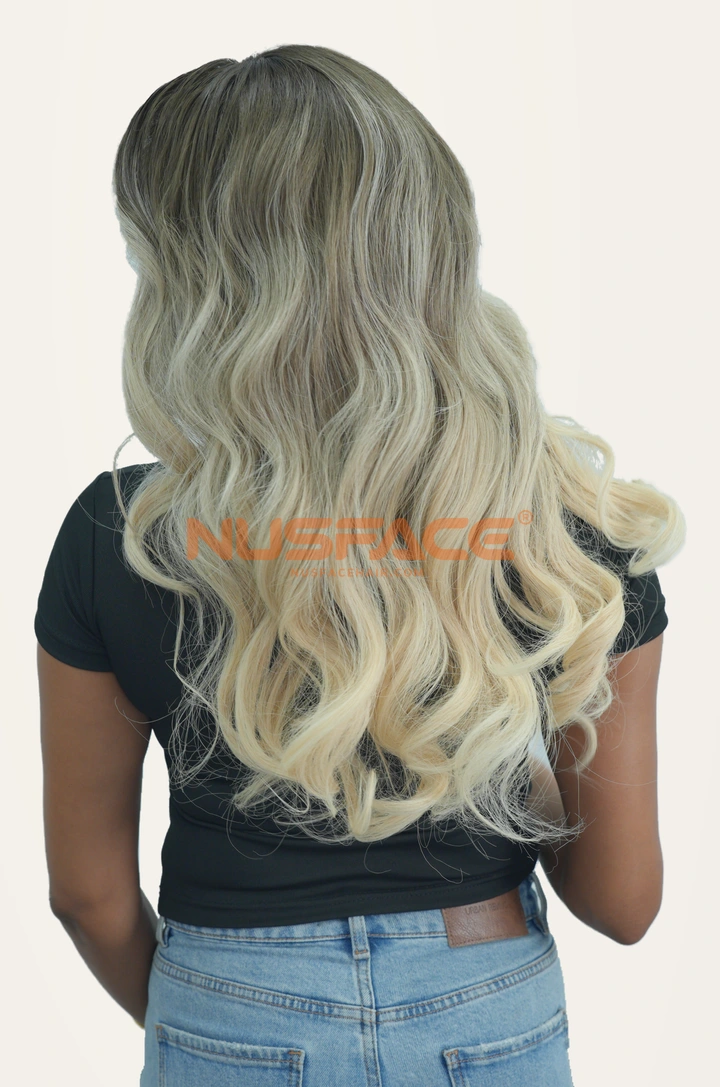 Lime Orchid, Soft green & blonde, wavy hand-painted balayage wig by NUSFACE, back view and hair ends
