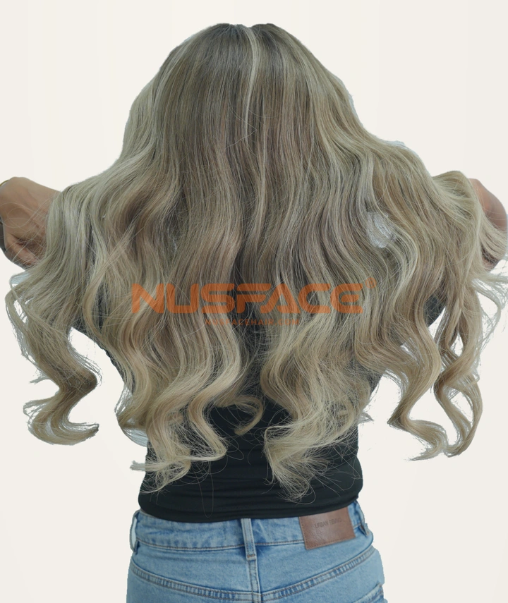 Sage Iris, Ash green & beige, wavy hand-painted balayage wig by NUSFACE, back view and hair ends