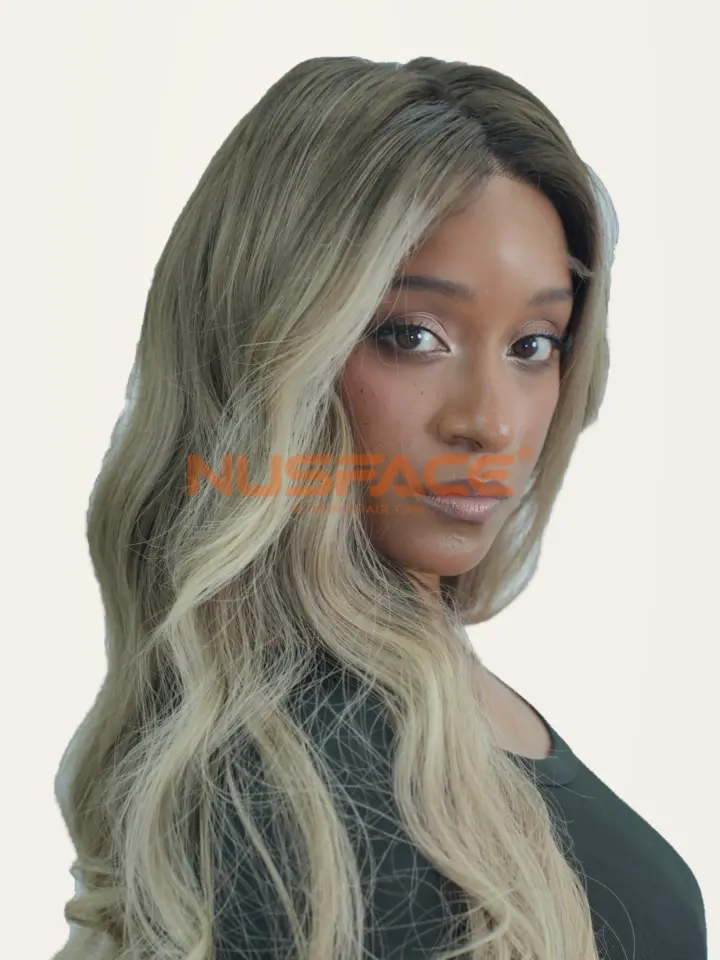 Sage Iris, Ash green & beige, wavy hand-painted balayage wig by NUSFACE, selected portrait