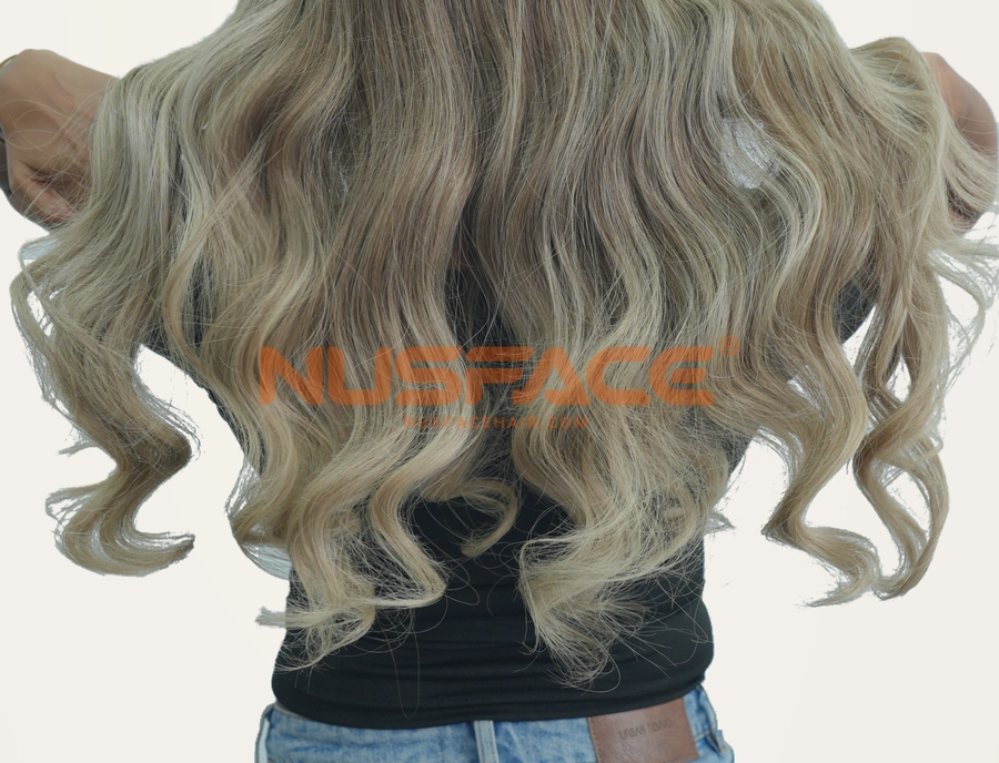 Sage Iris, Ash green & beige, wavy hand-painted balayage wig colour transition through the hair ends