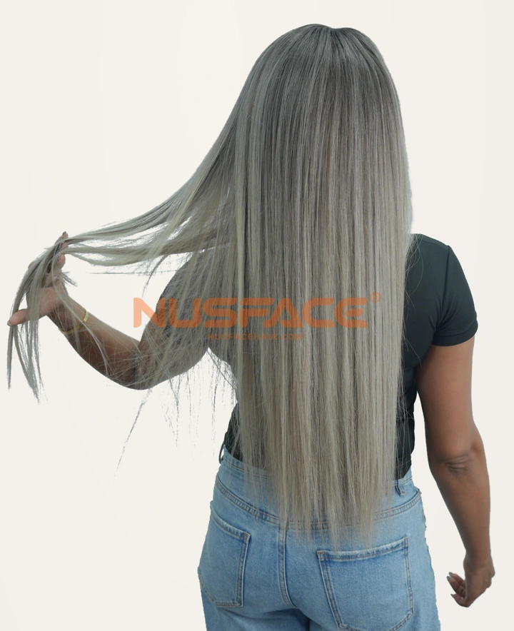 Silver Anemone, Silver ash, straight hand-painted balayage wig by NUSFACE, back view and hair ends