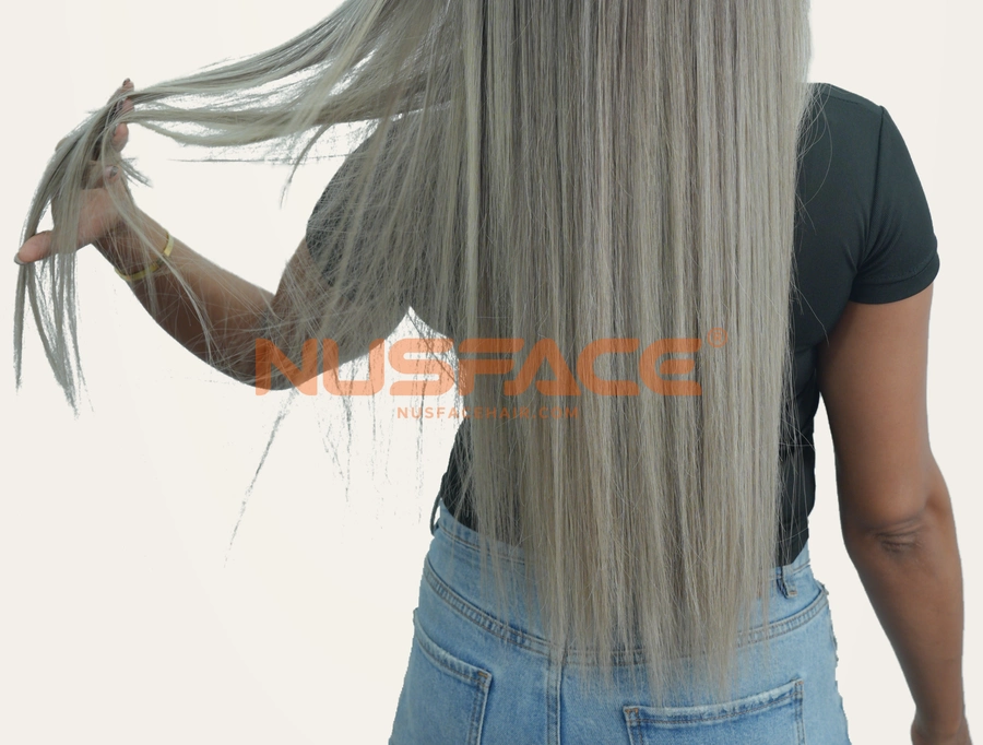 Silver Anemone, Silver ash, straight hand-painted balayage wig colour transition through the hair ends