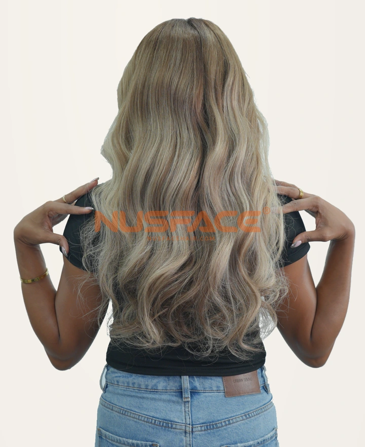 Toffee Rose, Light brown & beige blonde, wavy hand-painted balayage wig by NUSFACE, back view and hair ends