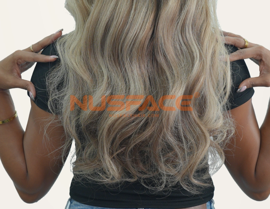 Toffee Rose, Light brown & beige blonde, wavy hand-painted balayage wig colour transition through the hair ends