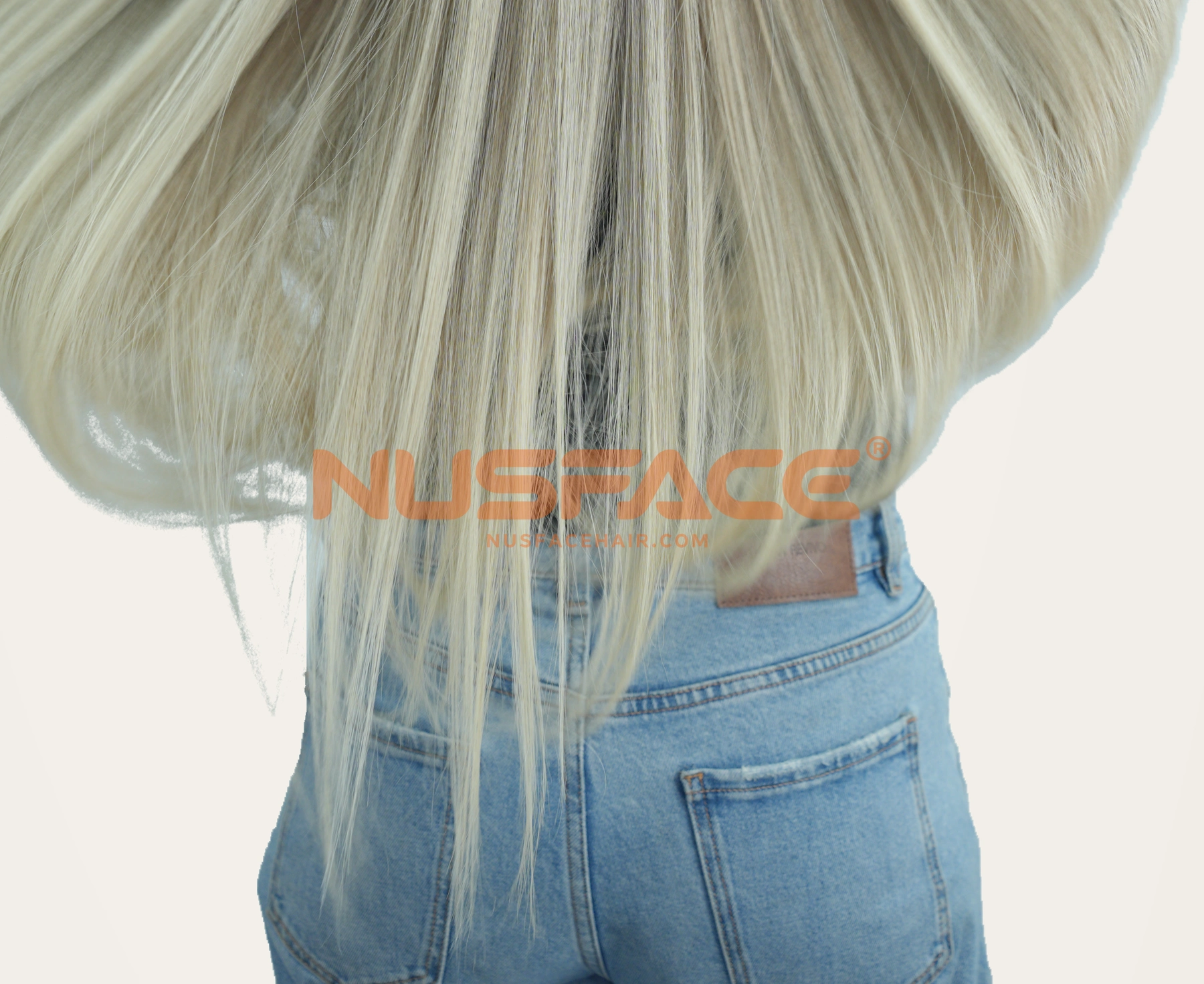 Willow Orchid, Soft green blonde, straight hand-painted balayage wig colour transition through the hair ends