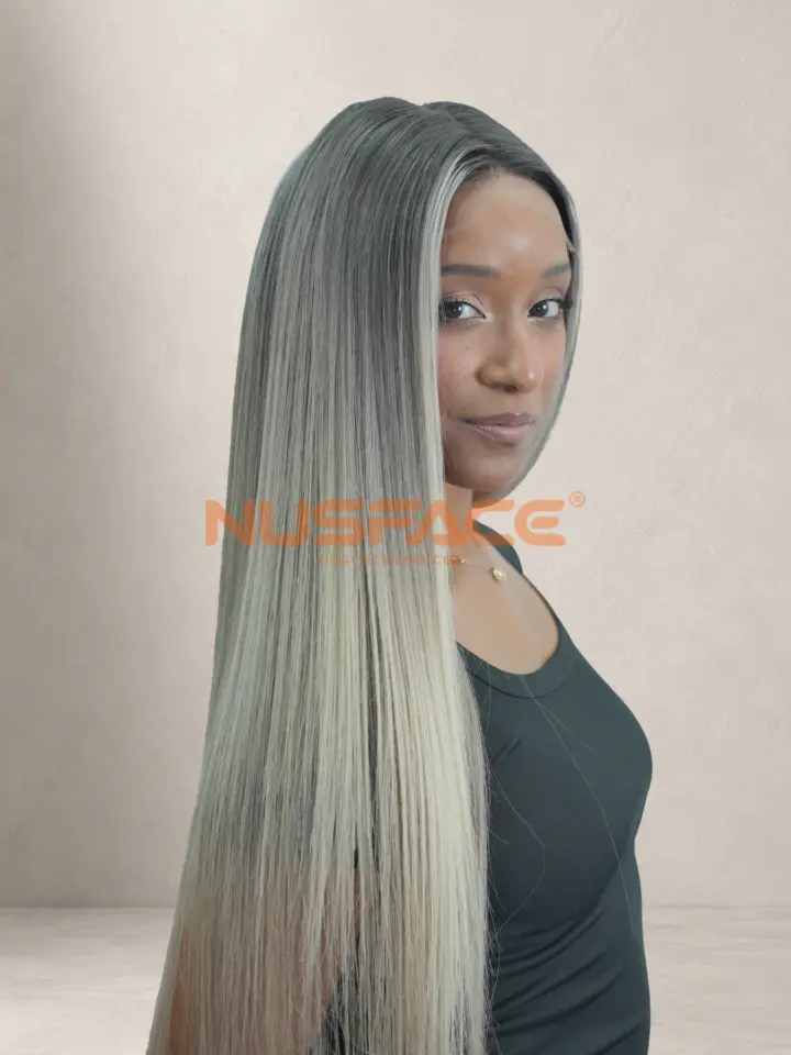 Silver Anemone hand-painted balayage wig, detail view
