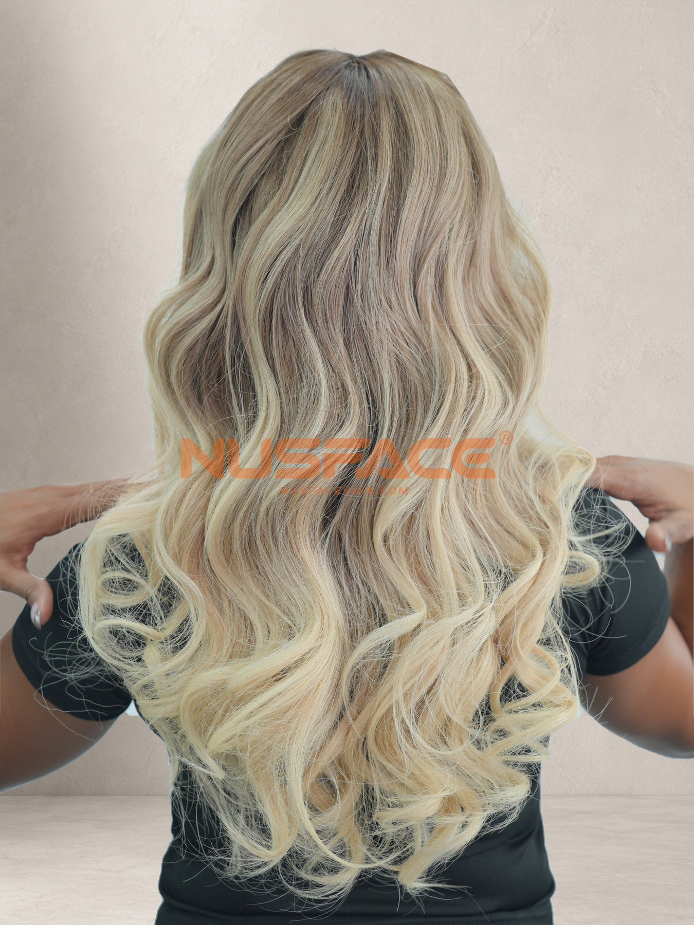 Champagne Peony hand-painted balayage wig, back view